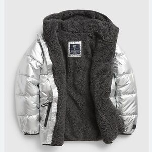 GAP Metallic Silver Puffer with Dark Gray Interior